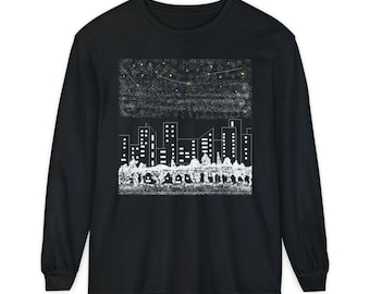 Night Cityscape Long Sleeve Shirt, Urban Skyline Graphic Top, Black and White Art Gift