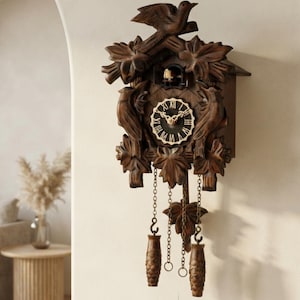 Black Forest Cuckoo Clock, Handcrafted Wooden Wall Clock, Singing Bird, 12 Melodies, Night Sensor