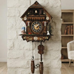 May include: A dark brown wooden cuckoo clock featuring a central circular dial with white Roman numerals, a small bird at the top, and hand-painted floral accents. It includes two hanging pinecone-shaped weights and a small figurine on the left.