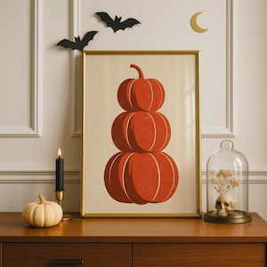 Väggkonst med pumpa | Poster med staplade pumpor | Minimalistisk höstdekor | Vintage Halloween-konst | Orange hösttryck