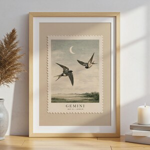 Gemini Zodiac Print | Vintage Swallow Etching Wall Art | Birthday Gift for Gemini | Muted Sage Bedroom Decor | June Star Sign Poster