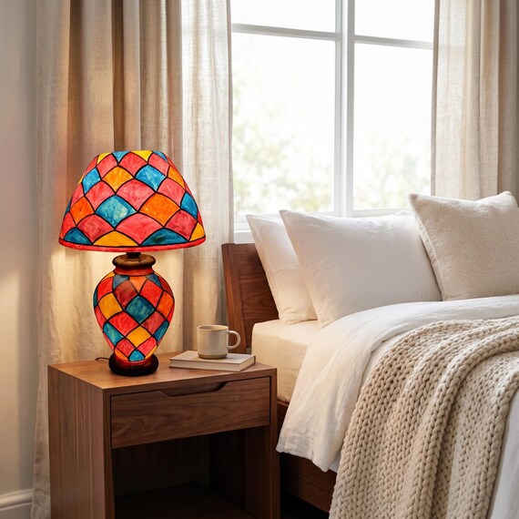 Handmade Camel Skin Table Lamp, Hand Painted Pakistani Mosaic Lamp, Sheesham Wood Bedside Light, Traditional Oriental Boho Decor, Gift
