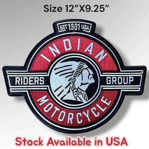 May include: A black, red, and white embroidered patch measuring 12 inches by 9.25 inches. The design features a circular emblem with the text Indian Motorcycle Riders Group, an illustration of a person in a headdress, and the text EST 1901 USA.