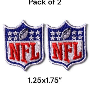 May include: A pack of 2 embroidered NFL shield patches, each measuring 1.25x1.75 inches. The patches feature a blue shield border, a white upper section with white stars and a football, and a red lower section with the red text NFL.
