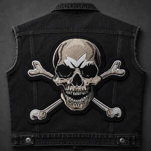 May include: A black denim vest featuring a large embroidered patch on the back. The patch depicts a detailed skull with crossbones in shades of beige, white, and black. The vest has a classic collar, sleeveless armholes, and two bottom buttons.