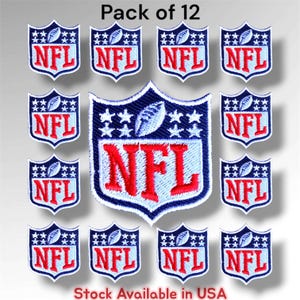 May include: A pack of 12 embroidered NFL shield patches featuring a blue background, white stars, a white football graphic, and the red letters NFL. The text Pack of 12 is at the top and Stock Available in USA is at the bottom of the image.