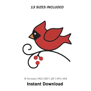 Op de afbeelding: Een borduurontwerp van een rode kardinaalvogel zittend op een zwarte gebogen tak met drie rode bessen. De tekst 13 SIZES INCLUDED staat bovenaan en 15 Formats | PES | DST | JEF | VP3 | XXX Instant Download staat onderaan.