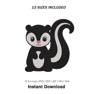 May include: An embroidery design of a black and white skunk with a pink nose, featuring the text 13 SIZES INCLUDED at the top and 15 Formats | PES | DST | JEF | VP3 | XXX Instant Download at the bottom, presented as a digital graphic file.