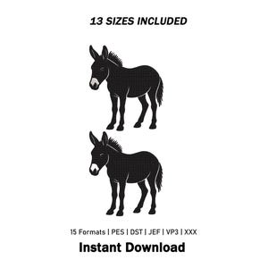 Op de afbeelding: Een digitaal borduurontwerp met twee identieke zwarte ezelsilhouetten met witte snuiten. De tekst luidt 13 SIZES INCLUDED bovenaan en 15 Formats | PES | DST | JEF | VP3 | XXX Instant Download onderaan de afbeelding.