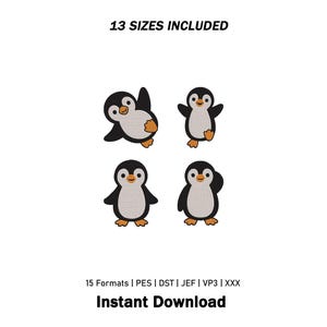 Op de afbeelding: Een digitaal borduurontwerp met vier verschillende zwart-witte pinguïnillustraties met oranje snavels en voeten. De tekst 13 SIZES INCLUDED staat bovenaan en 15 Formats | PES | DST | JEF | VP3 | XXX Instant Download staat onderaan.