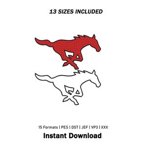 Puede incluir: Un diseño de bordado con dos siluetas de caballos corriendo, una roja sólida y otra con contorno blanco. El texto dice 13 SIZES INCLUDED arriba, y 15 Formats | PES | DST | JEF | VP3 | XXX e Instant Download abajo.