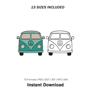 Könnte beinhalten: Zwei Illustrationen von Campingbussen von vorne, einer in Türkis mit Friedenszeichen und einer als schwarze Umrisszeichnung, mit dem Text 13 SIZES INCLUDED, 15 Formats | PES | DST | JEF | VP3 | XXX und Instant Download auf weißem Grund.