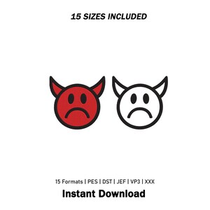 Op de afbeelding: Twee cirkelvormige duivelgezicht-iconen met hoorns en droevige uitdrukkingen, één rood en één wit met zwarte omlijningen. De tekst 15 SIZES INCLUDED staat bovenaan, en 15 Formats | PES | DST | JEF | VP3 | XXX Instant Download staat onderaan.