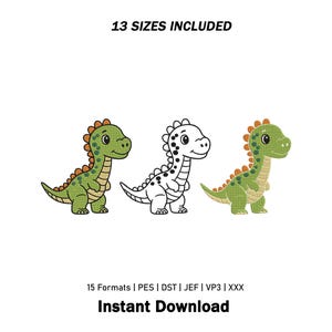 May include: Three dinosaur embroidery designs in green and orange, with one outlined in black. Text reads 13 SIZES INCLUDED, 15 Formats | PES | DST | JEF | VP3 | XXX, and Instant Download. The dinosaurs feature a spotted back and tail.