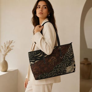 Leopard Patchwork Pattern Shoulder Bag | Brown Animal Print PU Leather