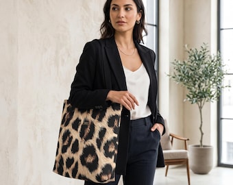 Leopardmönstrad tygväska, 100 % polyester, ramade hörn, laminerad insida (S/M/L)