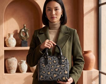 Shoulder Handbag, Gold Leopard Print Purse | 100% PU Leather | Structured One-Size, Removable Strap