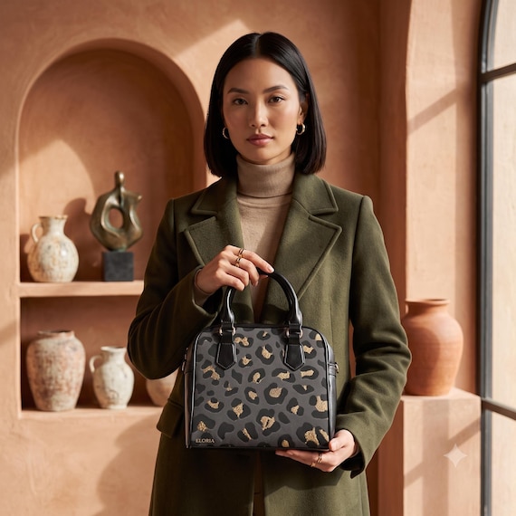 Shoulder Handbag, Gold Leopard Print Purse | 100% PU Leather | Structured One-Size, Removable Strap