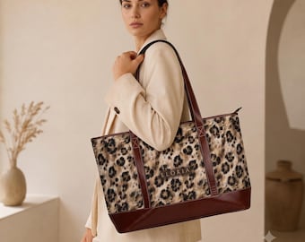 Leopardmönstrad tygväska, vattenavvisande polyester, konstläderdetaljer (46 x 28 x 18 cm)