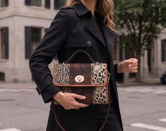 Canvas Bag, Safari Patchwork Satchel - Leopard Zebra Animal Print, Waterproof, PU Leather Trim