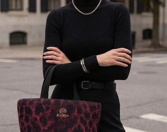 Burgundy Leopard Print Neoprene Tote Bag, Curved Silhouette, Magnetic Closure (9.3×7.7×4.7)