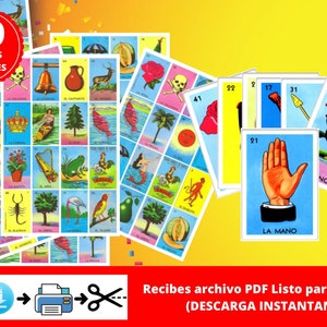 Mexican Loteria Game Cards Printable easy PDF INSTANT DOWNLOAD Digital File Ready To Print at Home. Loteria Mexicana Tradicional Descargable