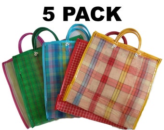 Mexican Mercado Bags LARGE 5 PACK Colorful Plastic Mesh Market Bag Made in Mexico Eco Reusable Handle Bag Strong and Resistant Mexican Bags