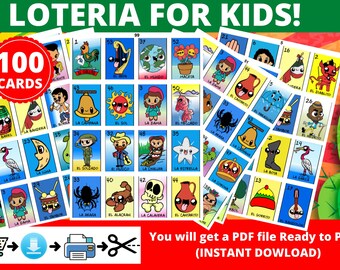 Mexican Loteria For Kids 100 Cards Printable PDF INSTANT DOWNLOAD Digital File Ready To Print at Home. Loteria Mexicana Original Descargable