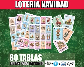May include: A set of 80 Christmas Loteria cards featuring festive images like Santa, elves, and candles, set against a green backdrop with snowflake patterns. The image includes the text "LOTERIA NAVIDAD" and "80 TABLAS LISTAS PARA IMPRIMIR".