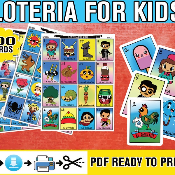 Loteria for Kids Friendly Loteria Game for Party and School BIG loteria cards PDF easy to print and cut Mexican Loteria for Kids 100 PLAYERS