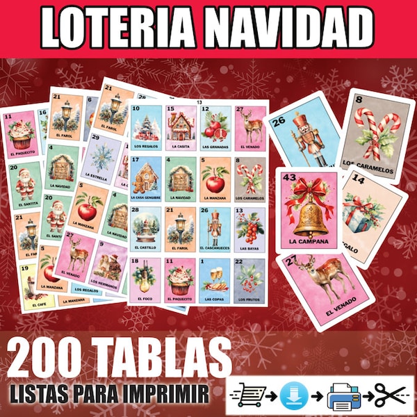 Loteria Navidad 200 Tablas Imprimir Loteria De Navidad Espanol Spanish Christmas Loteria Cards Printable Game INSTANT DOWNLOAD 200 PLAYERS