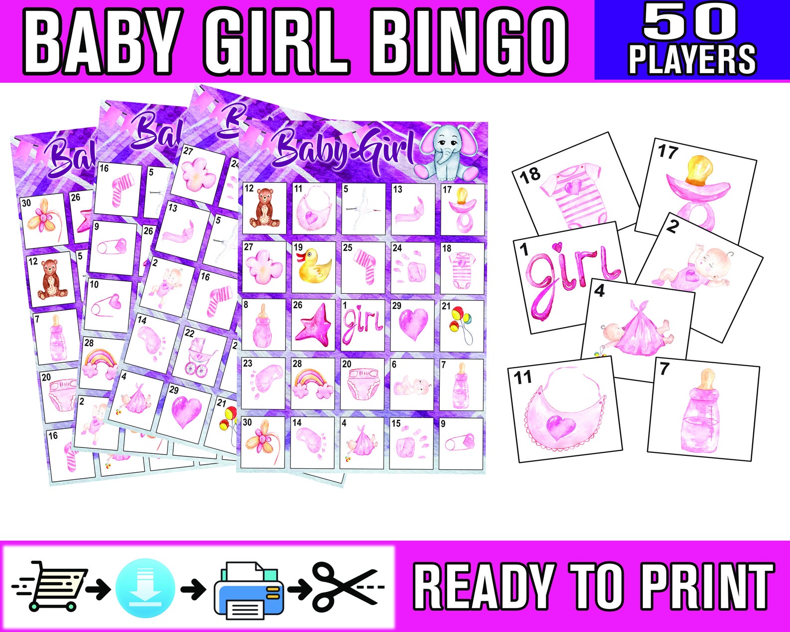 Baby Shower Bingo Girl 50 Guests Elephant Themed Party Baby Etsy