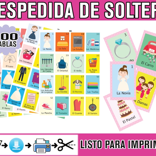 Loteria Despedida de soltera en Español para imprimir 100 JUGADORES. Archivo PDF Descargable. Printable Spanish Bingo Bridal Shower 2024