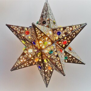 Moravian Star Lantern SILVER Lamp Moroccan Metal Star Chandelier Lighting Decoration Morocco Hanging Star Lamp Marbles Mexico Tin Star Light