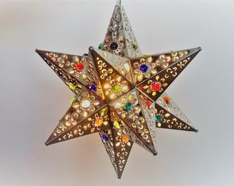 Moravian Star Lantern SILVER Lamp Moroccan Metal Star Chandelier Lighting Decoration Morocco Hanging Star Lamp Marbles Mexico Tin Star Light