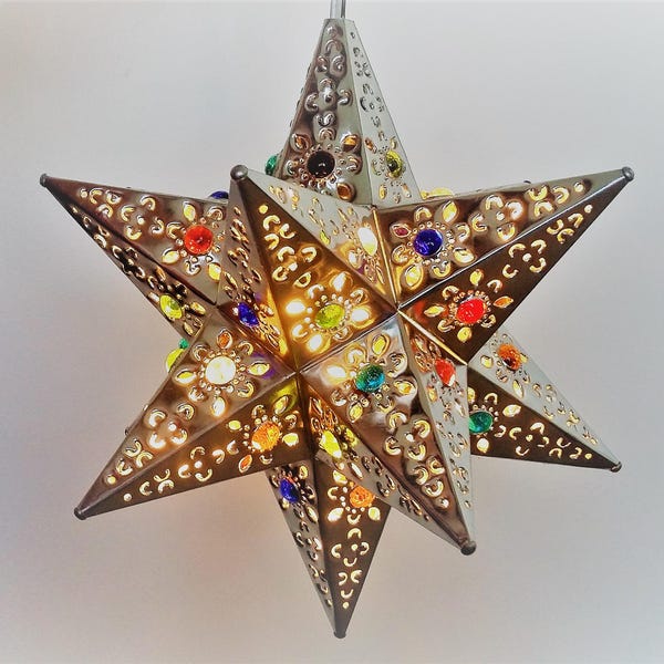 Moravian Star Lantern SILVER Lamp Moroccan Metal Star Chandelier Lighting Decoration Morocco Hanging Star Lamp Marbles Mexico Tin Star Light