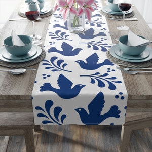 Mexican Talavera Table Runner With Blue Doves and White Background Great Mexican Style Decor For Home and Mexican Parties Mexico Gift