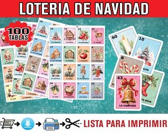 May include: A set of Christmas Loteria cards with festive illustrations and Spanish text. The cards show images such as Santa Claus, a gingerbread house, and a bell. The text "LOTERIA DE NAVIDAD" is at the top, with "100 TABLAS" and "LISTA PARA IMPRIMIR" also visible.