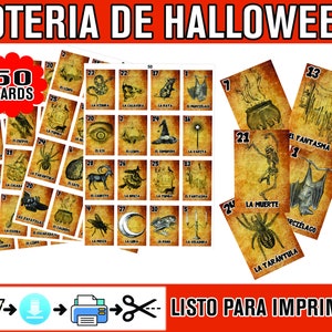 Halloween bingo printable cards for 50 PLAYERS - Loteria Halloween Terror y Suspenso para niños y adultos en espanol PDF Descarga inmediata