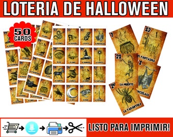 Halloween bingo printable cards for 50 PLAYERS - Loteria Halloween Terror y Suspenso para niños y adultos en espanol PDF Descarga inmediata