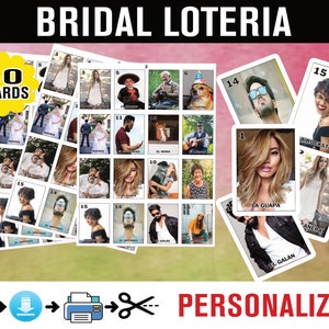 Op de afbeelding: Een set "Bridal Loteria" kaarten met diverse afbeeldingen, waaronder trouwfoto's en portretten. De kaarten zijn genummerd en voorzien van Spaanse tekst. De afbeelding bevat ook de tekst "60 BOARDS" en "PERSONALIZED!"