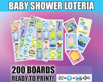 Ladda ner och skriv ut babyshower-lotteriet i PDF-format. Babyshower-bingo för 200 spelare. Tvåspråkig engelska och spanska. DIREKT NEDLADDNING. Loteria.
