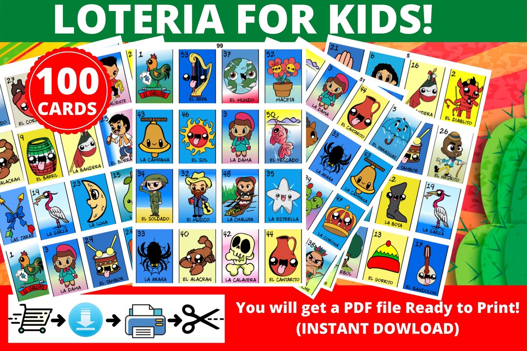 Mexican Loteria for Kids 100 Cards Printable PDF INSTANT - Etsy