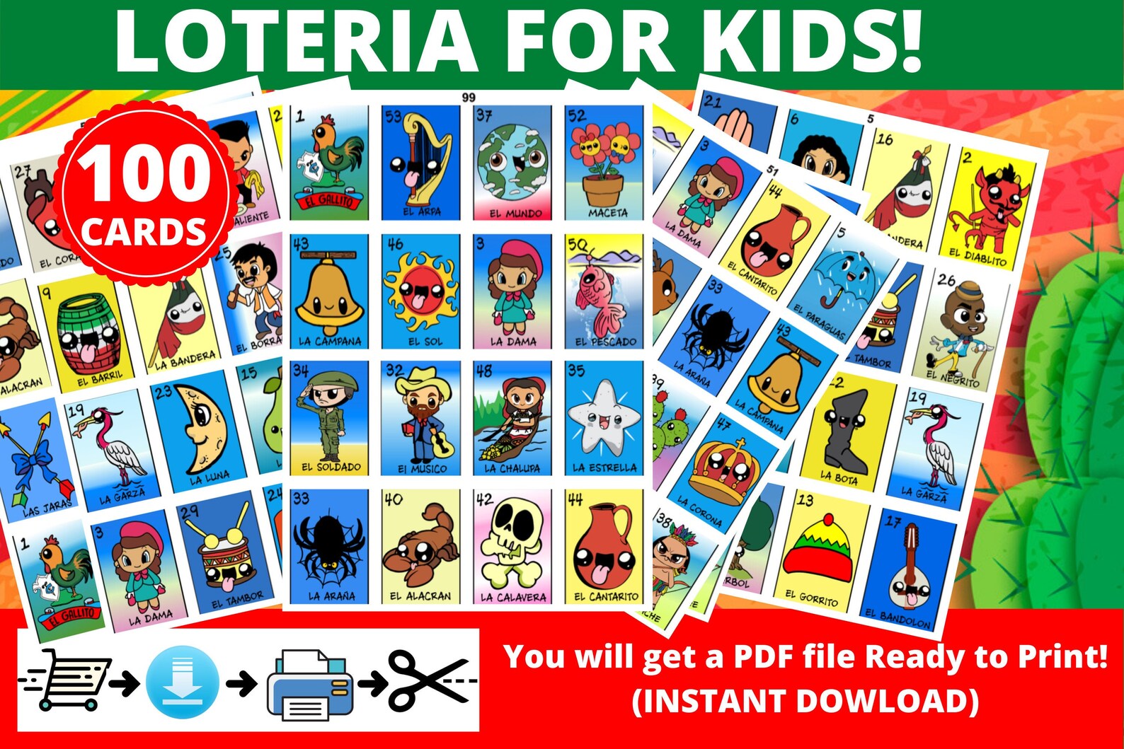 Mexican Loteria for Kids 100 Cards Printable PDF INSTANT Etsy