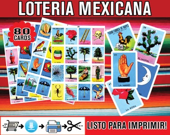 Mexican Loteria Game Cards Download and Print to play at home 80 PLAYERS - Juego Loteria Mexicana imprimir Sin el Negrito, Borracho y Apache