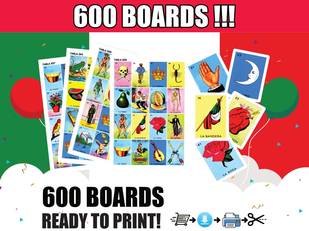 Mexikanische Loteria Spielkarten 600 BOARDS Druckbare PDF-Sofortdownload Digitale Dateien bereit zum Drucken Loteria Mexicana 600 TABLAS 1 y 2 por hoja