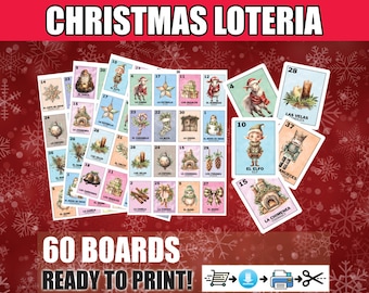 May include: A Christmas Lotería game with 60 printable boards. The cards showcase festive illustrations of Christmas symbols, such as an elf, candles, and a chimney. The words "CHRISTMAS LOTERIA" are displayed at the top of the image.