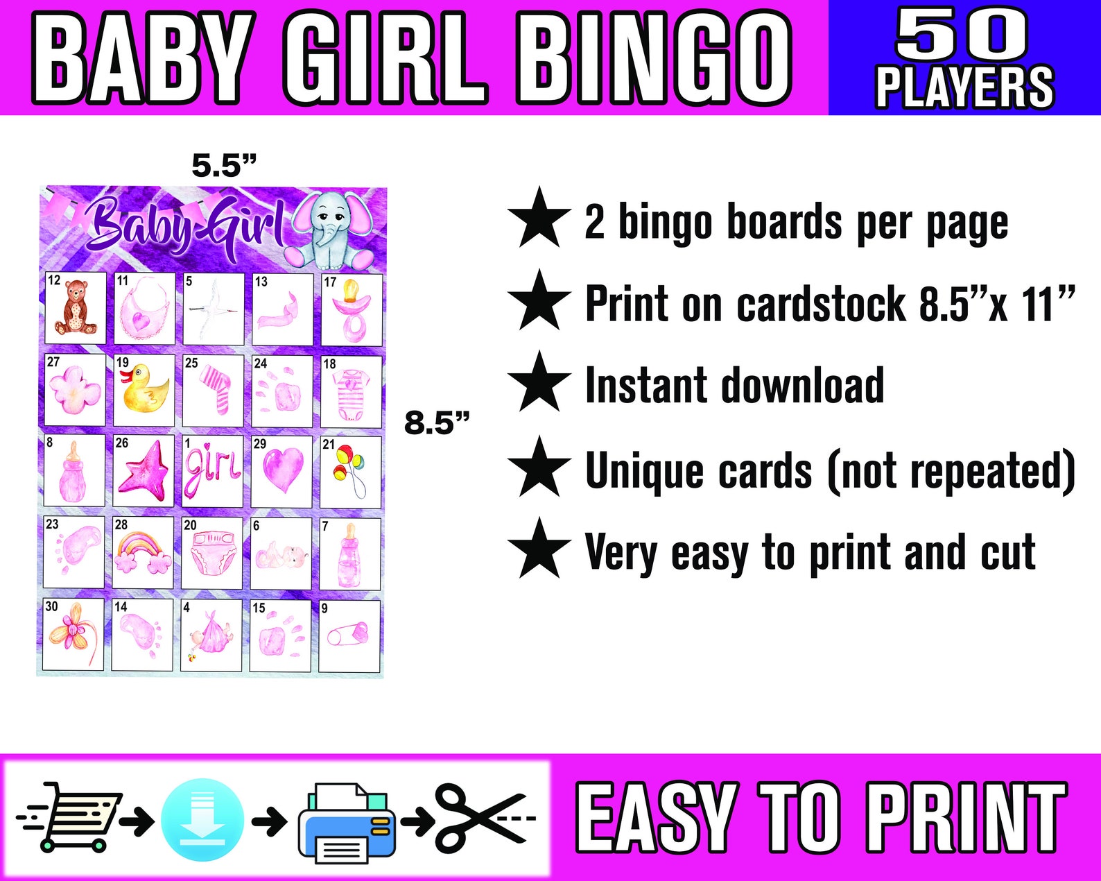 Baby Shower Bingo Girl 50 Guests Elephant Themed Party Baby Etsy