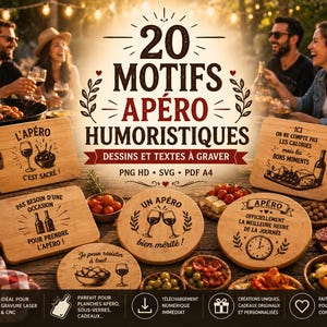 May include: A digital collection of 20 humorous appetizer-themed designs for laser engraving, featuring various French phrases, wine glasses, and food illustrations on wooden boards, presented as a high-definition graphic for CNC projects.