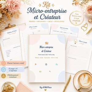 May include: A printable business planner kit titled Kit Micro-entreprise et Créateur, featuring A4 pages for tracking sales, action plans, and creative projects. The set includes various organizational templates with soft pastel accents and icons.